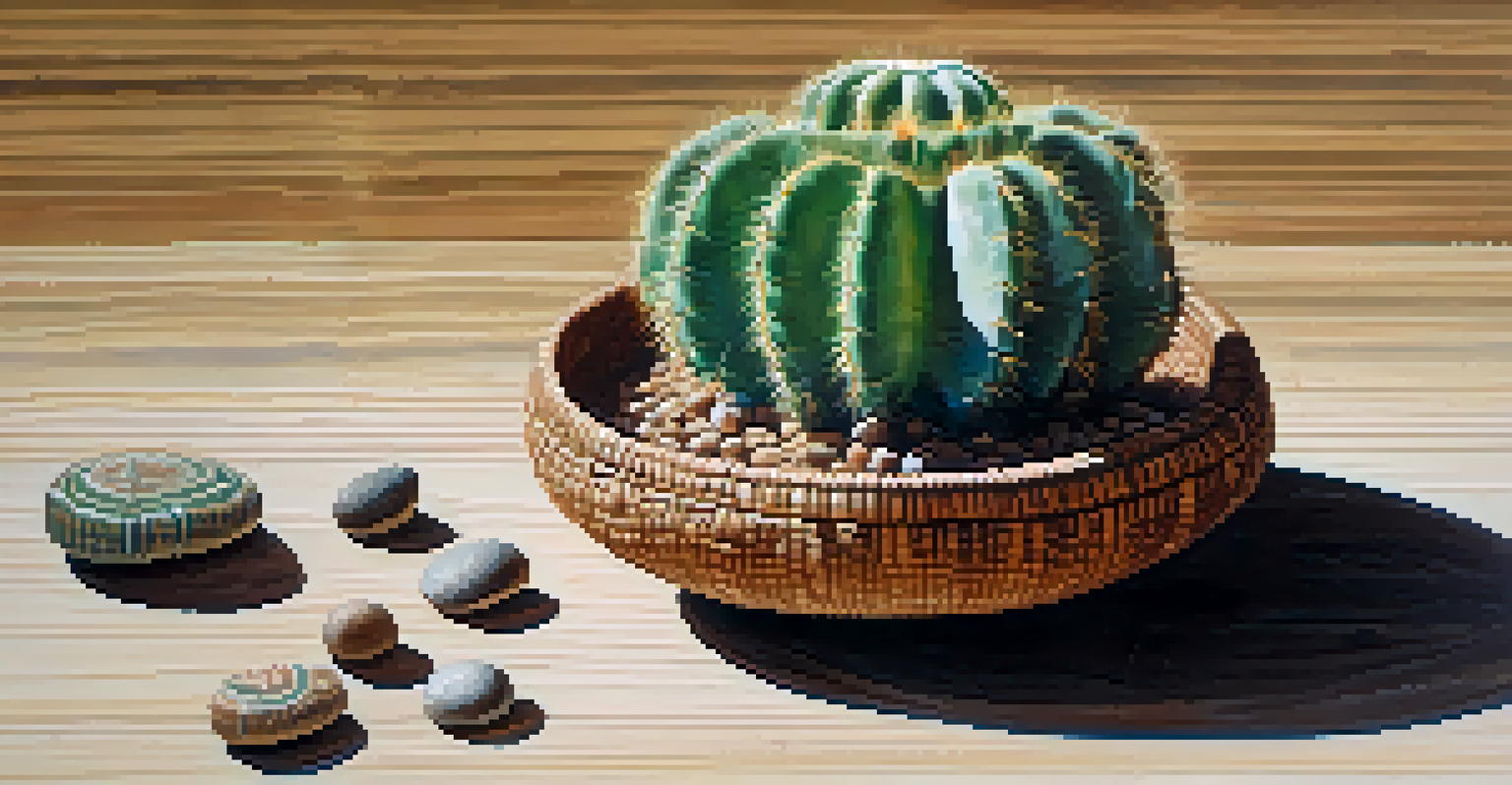 A detailed close-up of a peyote cactus on a wooden surface with soft lighting, featuring traditional Native American artifacts blurred in the background.
