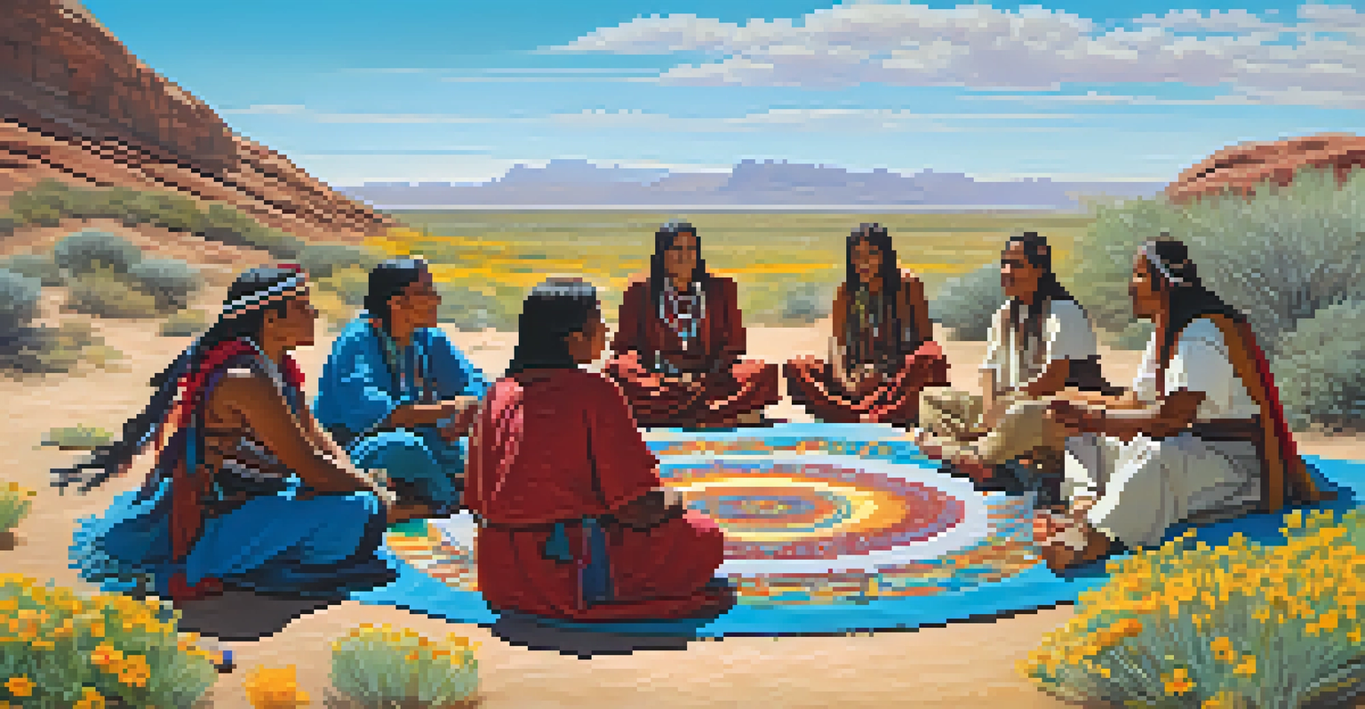 Indigenous people seated in a circle, sharing stories in a blooming desert landscape.