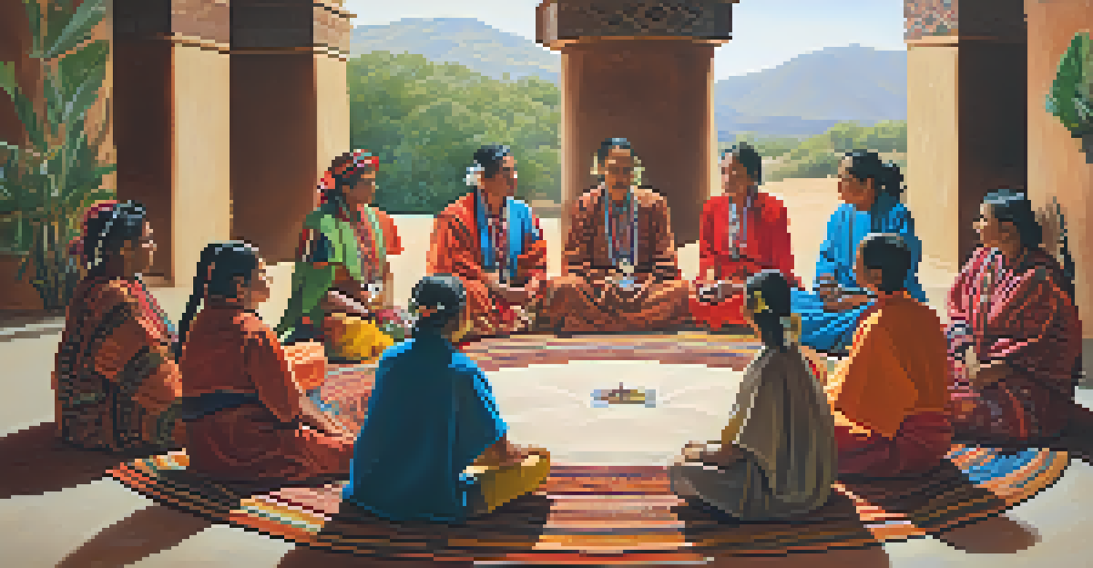 Participants in a peyote ceremony engaging in open communication, surrounded by traditional symbols and soft lighting.