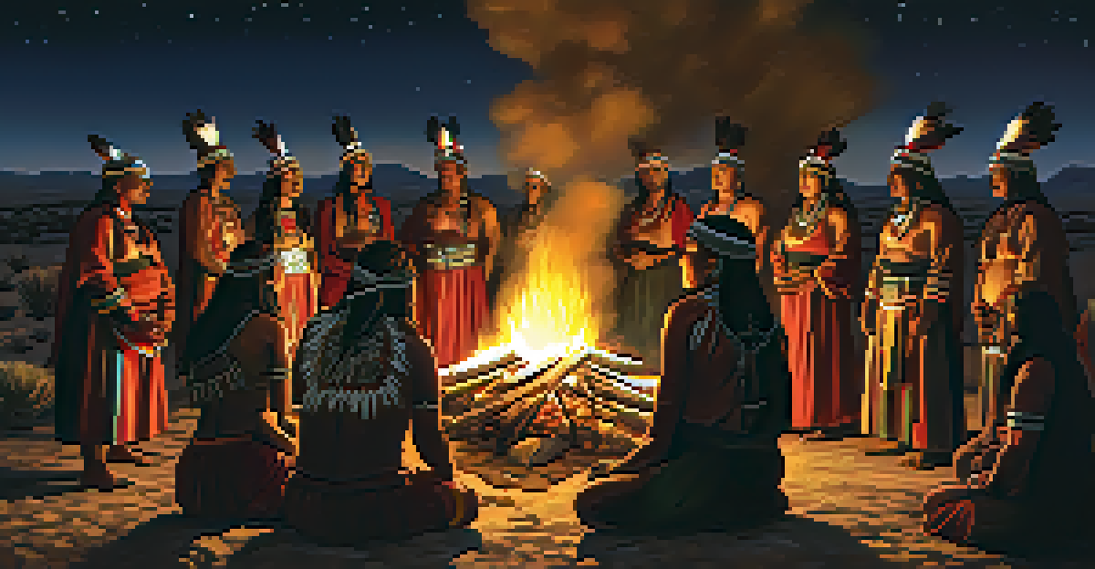 Indigenous people gathered around a ceremonial fire at night, dressed in traditional attire, with a starry sky above.