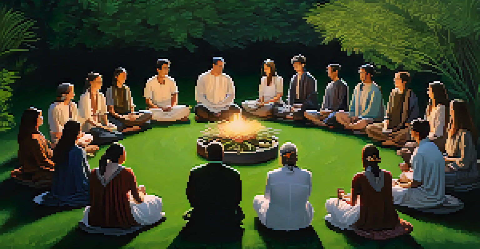 A group of individuals sitting in a circle in a green outdoor setting, participating in a traditional ceremony with candles and natural elements.
