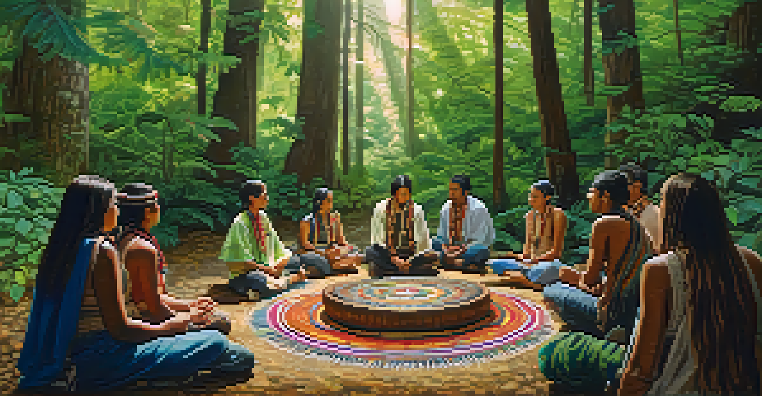 A peyote ceremony in a forest, with participants seated in a circle around a sacred altar.