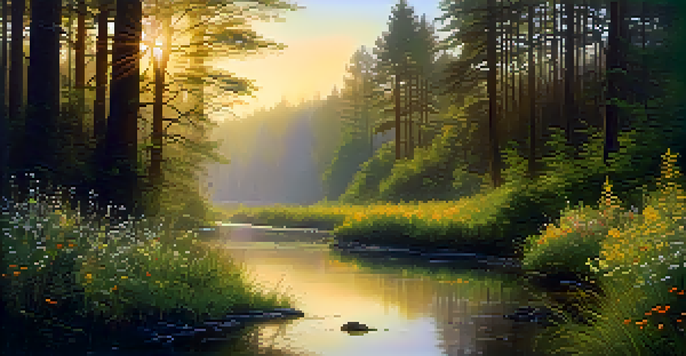 A tranquil forest at dawn with mist, sunlight filtering through trees, and a clear stream reflecting golden light.
