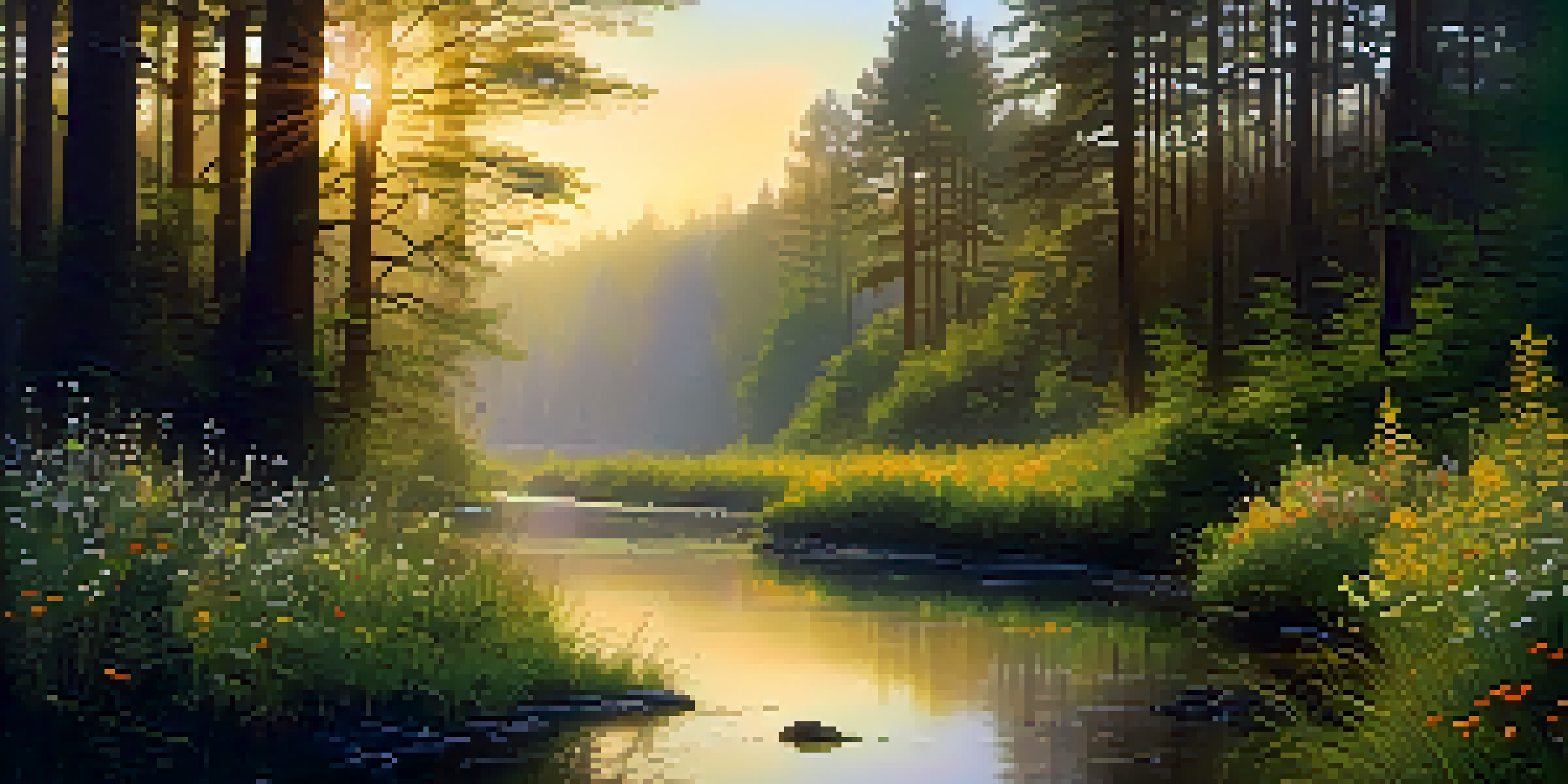 A tranquil forest at dawn with mist, sunlight filtering through trees, and a clear stream reflecting golden light.