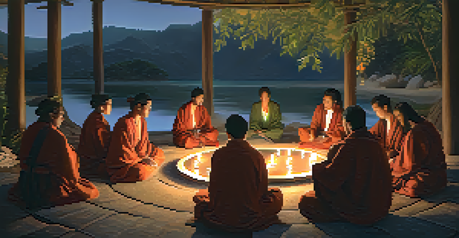 A group of people sitting in a circle during a ceremony, surrounded by soft lighting and natural elements.