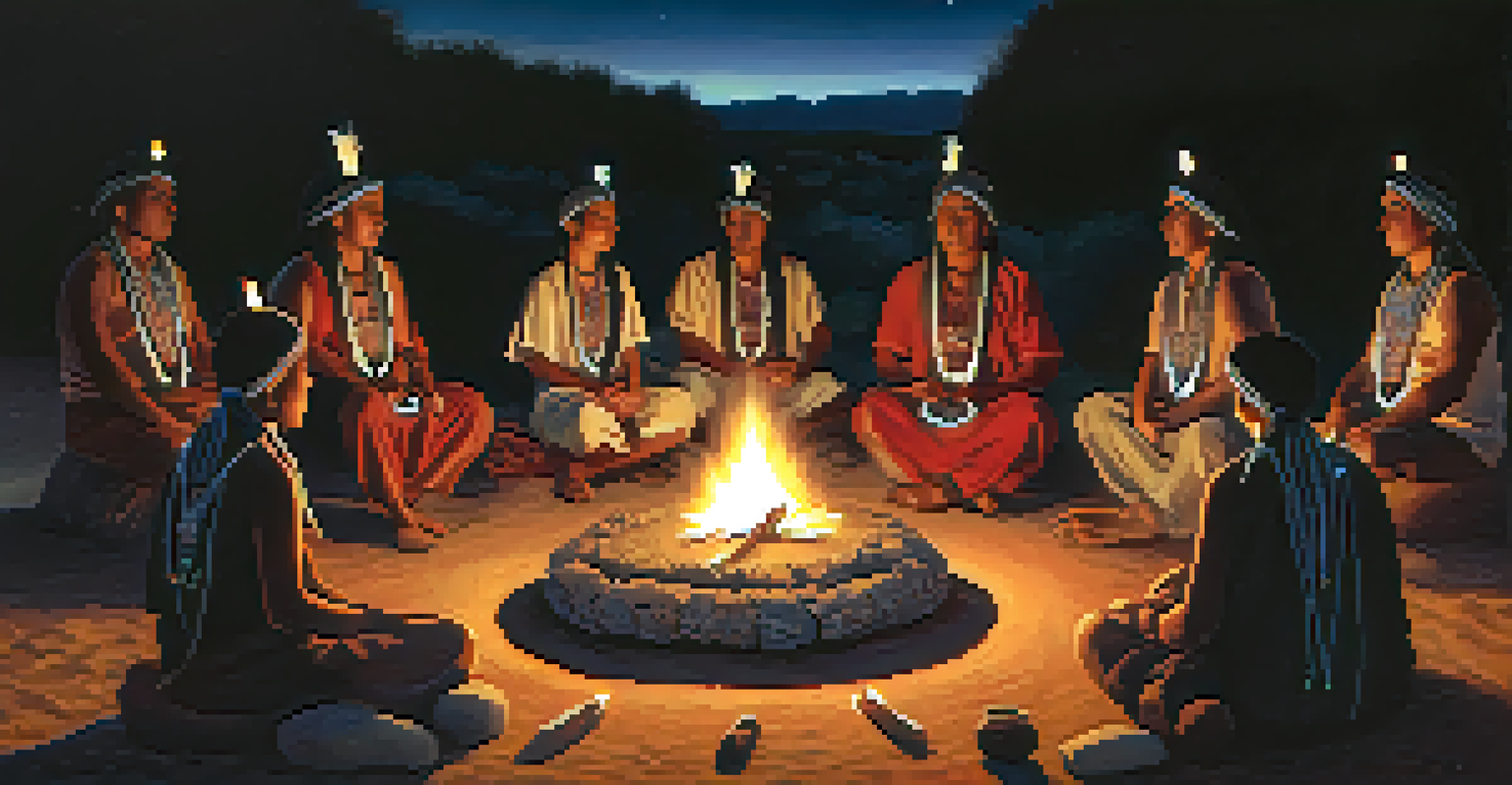 Participants in a peyote ceremony at night, gathered around a fire with a starry sky above, highlighting their faces and instruments.