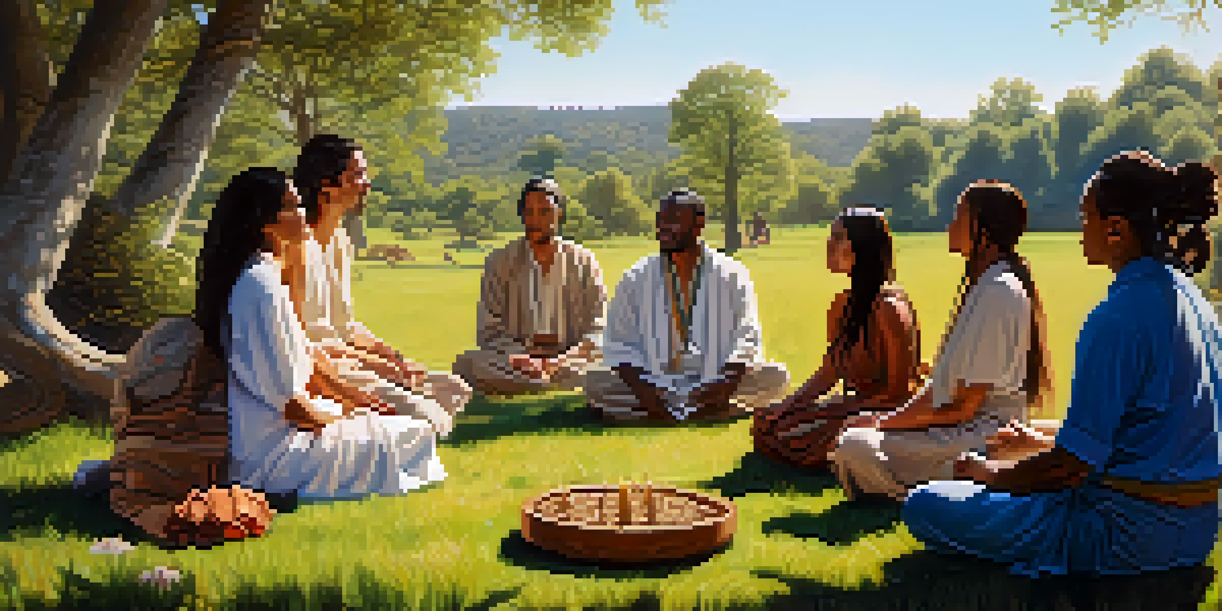 A diverse group of people sitting in a circle in nature, participating in a peyote ceremony, with sunlight streaming through the trees.