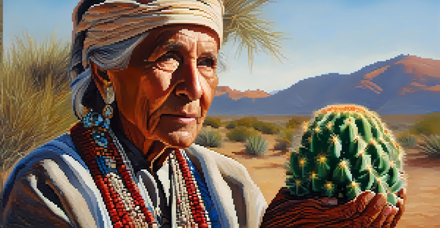 A portrait of an elder holding a peyote cactus, wearing traditional attire, with a soft-focus desert landscape in the background.