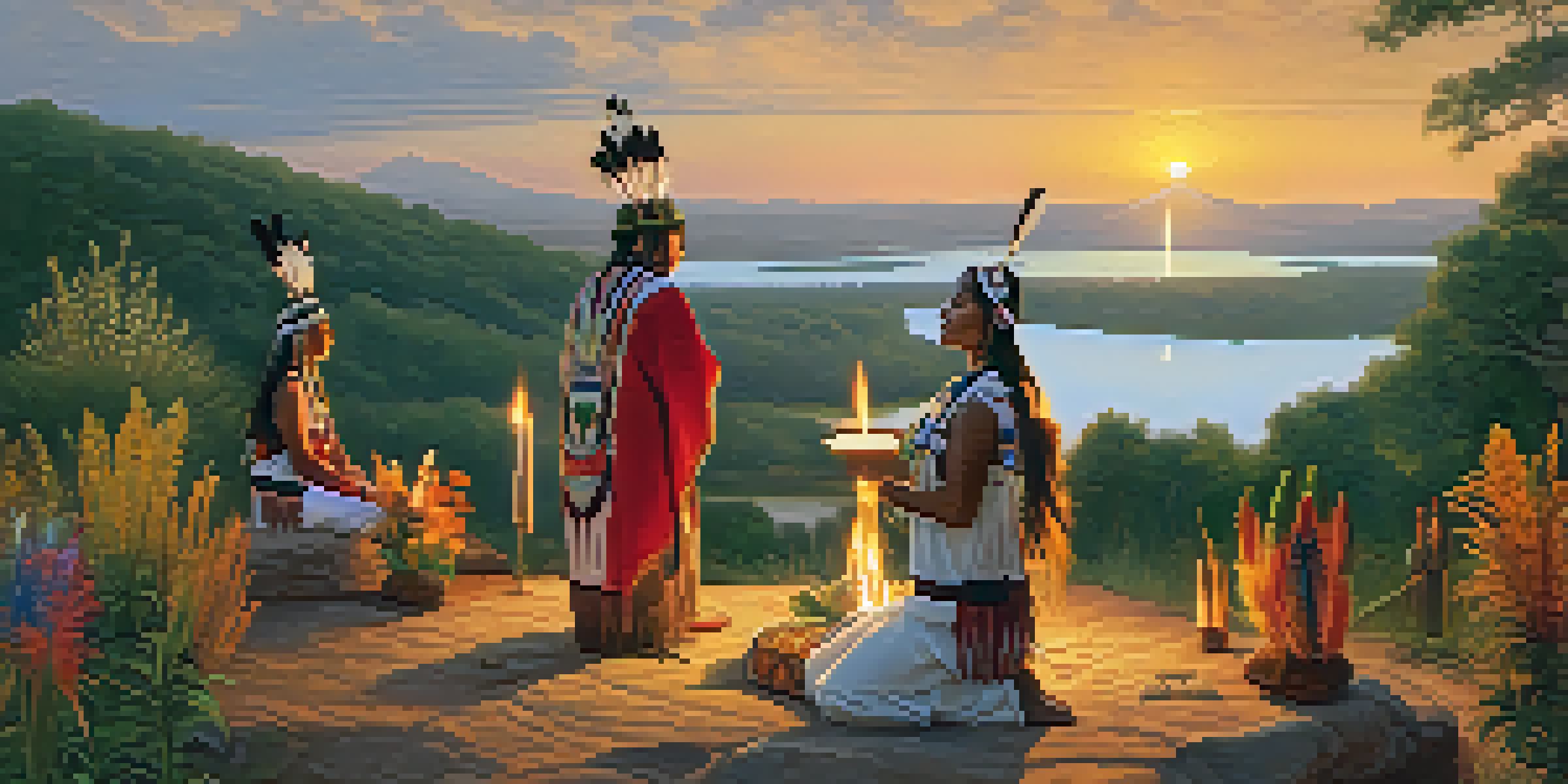 A traditional Native American ceremony at sunset with participants in colorful attire, an altar with peyote plants, and a river reflecting the golden sky.