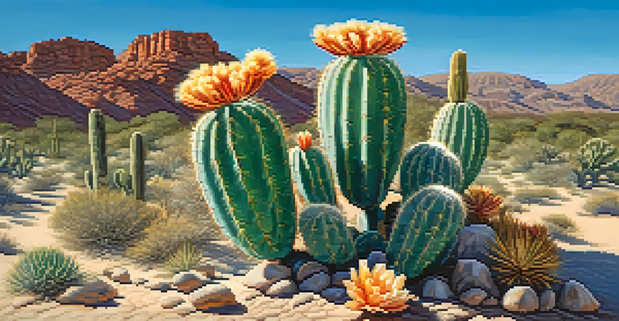 A peyote cactus with flowers in a desert landscape under a blue sky.