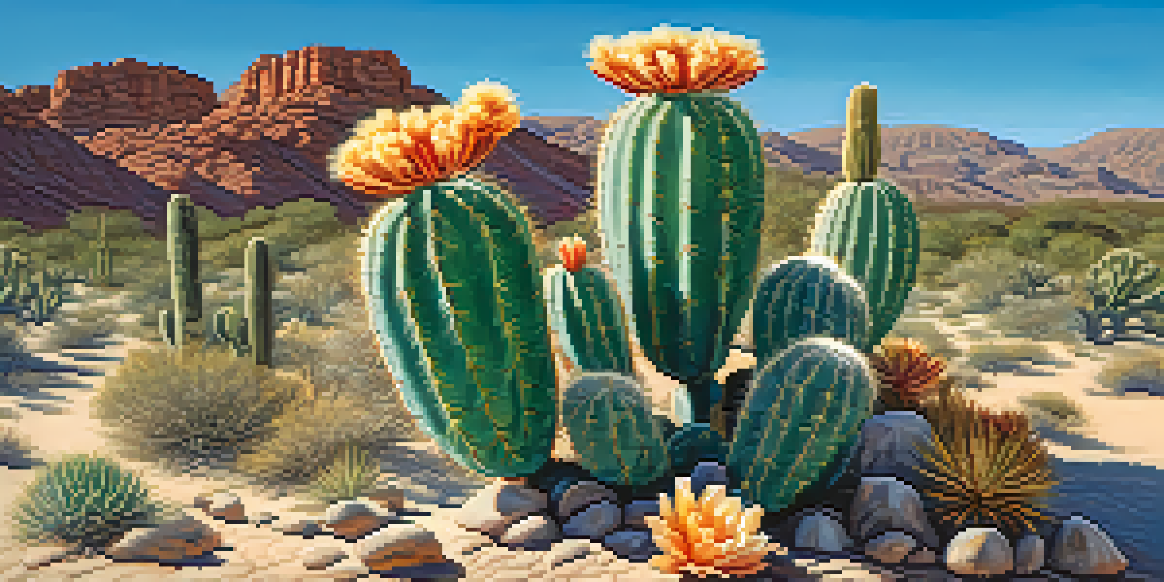 A peyote cactus with flowers in a desert landscape under a blue sky.