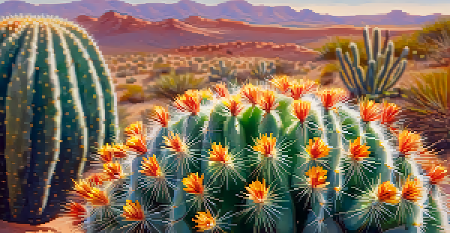 Close-up of a peyote cactus with colorful flowers, showcasing its intricate textures and patterns.