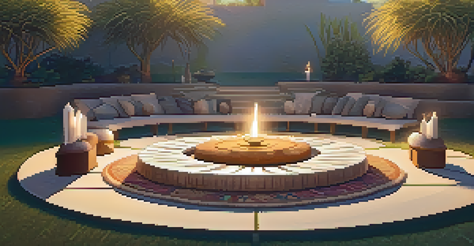 An outdoor meditation setup for a Peyote circle, complete with cushions, an altar, and warm golden light.