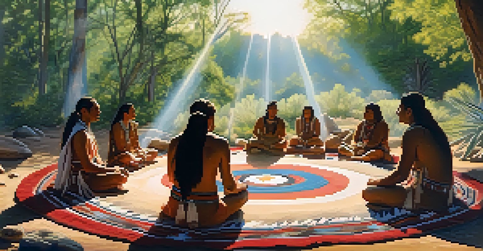 A Native American ceremonial scene with participants sitting in a circle, illuminated by soft light with a peyote cactus in the center.