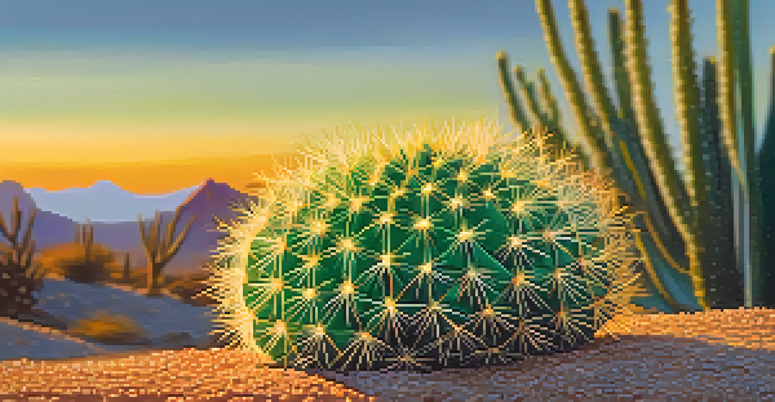 Close-up of a peyote cactus with intricate textures, set against a blurred desert landscape during sunset.