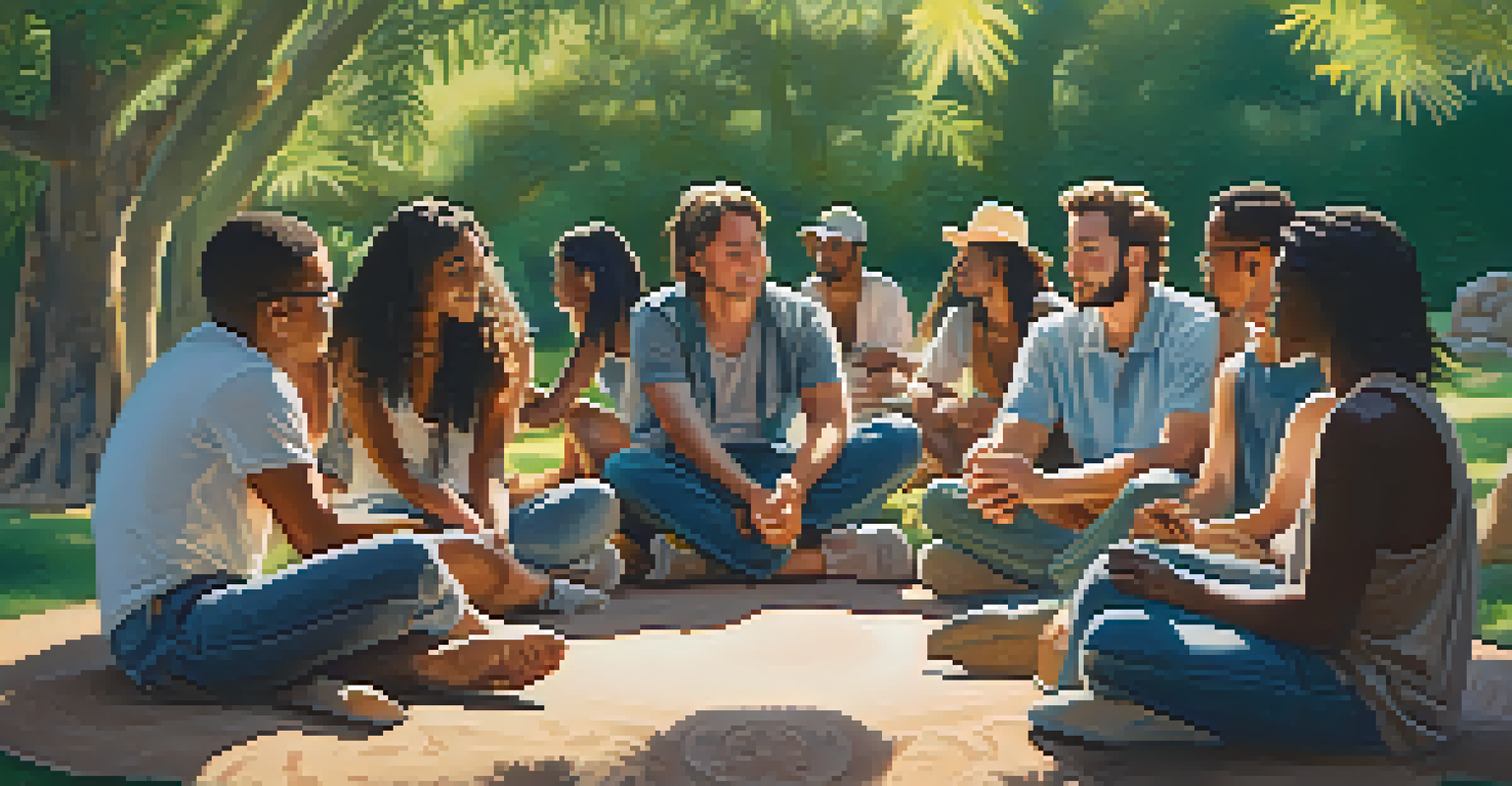 A group of people sitting in a circle in a park, sharing stories with a peyote cactus in the center under a sunny backdrop.