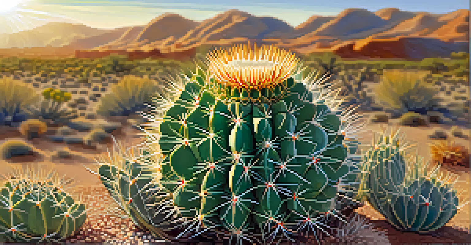 Close-up of a peyote cactus showing its spines and round shape, with blurred desert plants in the background.