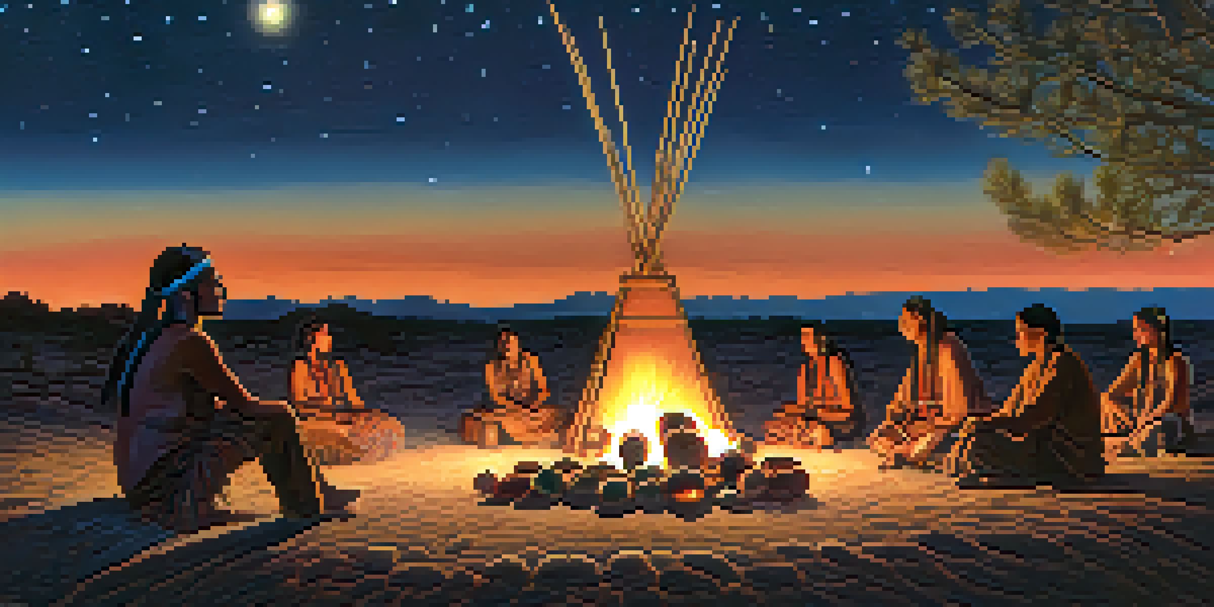 A nighttime Native American peyote ceremony with participants around a fire, dressed in traditional attire, under a starry sky.