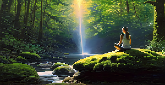 A person meditating in a peaceful forest, surrounded by green trees and soft sunlight.