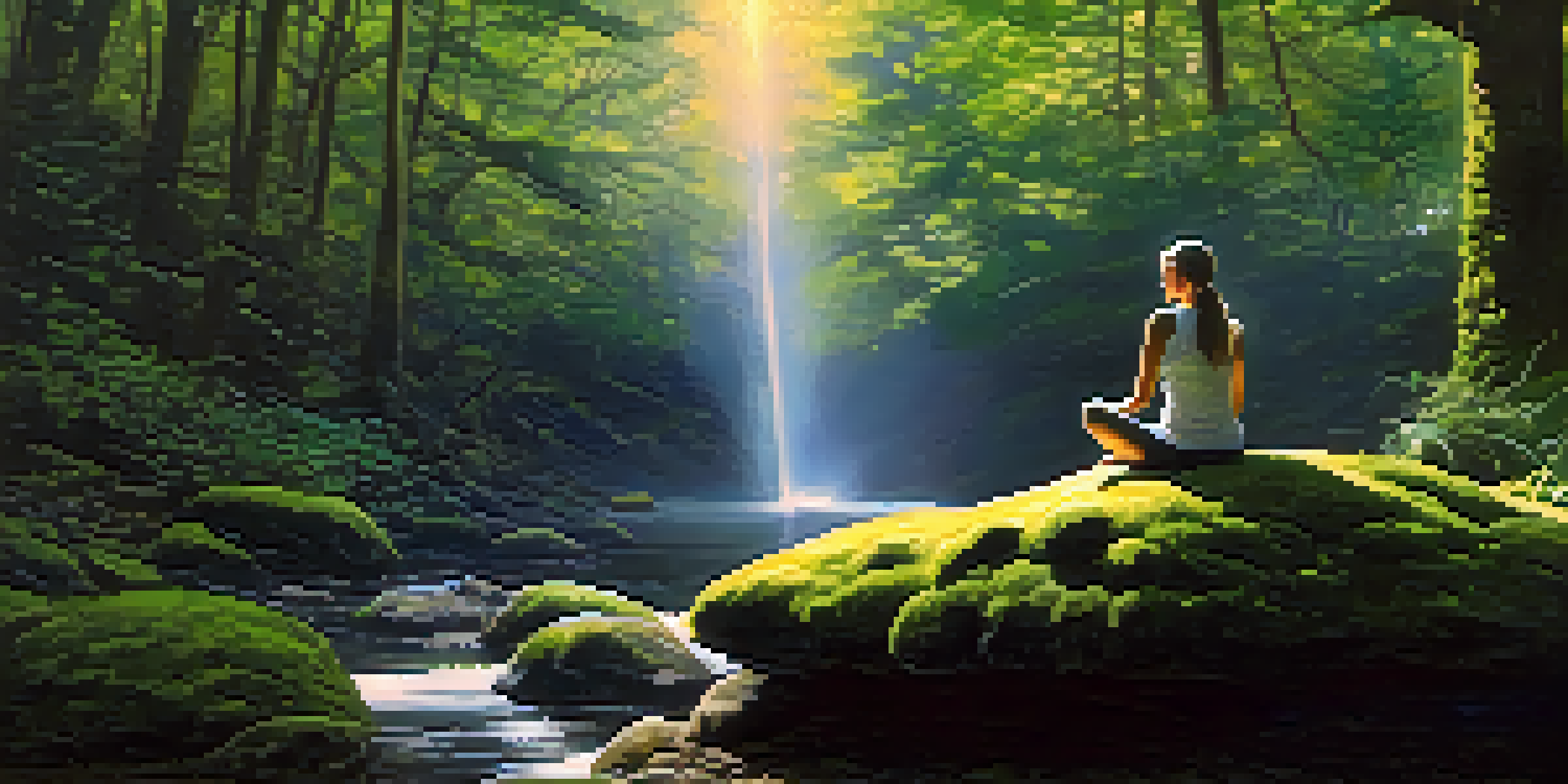 A person meditating in a peaceful forest, surrounded by green trees and soft sunlight.