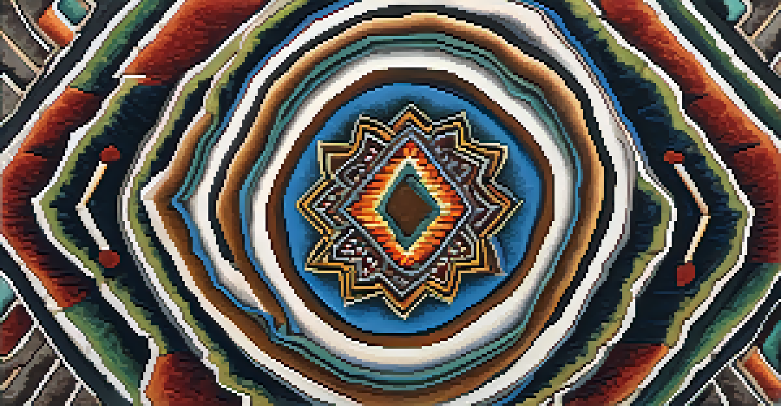An artistic representation of peyote in traditional Indigenous art style with vibrant colors and patterns on an earthy background.