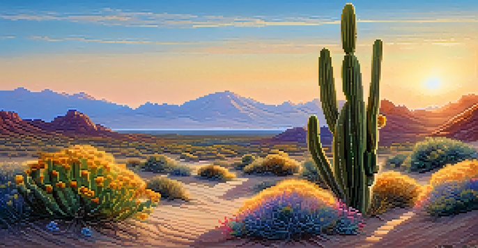 A peaceful desert scene with a peyote cactus and colorful wildflowers, under a clear blue sky and distant mountains illuminated by sunset.