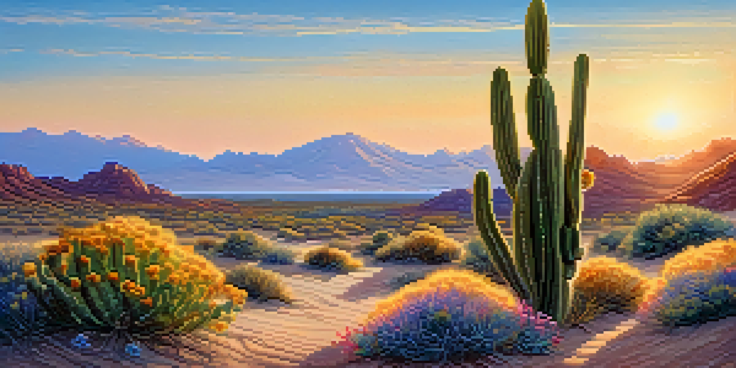A peaceful desert scene with a peyote cactus and colorful wildflowers, under a clear blue sky and distant mountains illuminated by sunset.