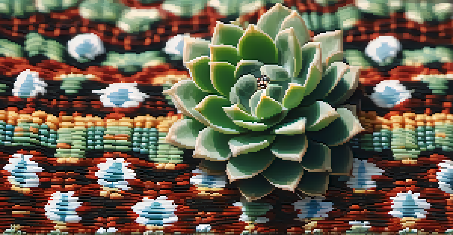 A close-up of a peyote cactus on a traditional woven cloth, with soft natural elements in the background and sunlight filtering through the leaves.