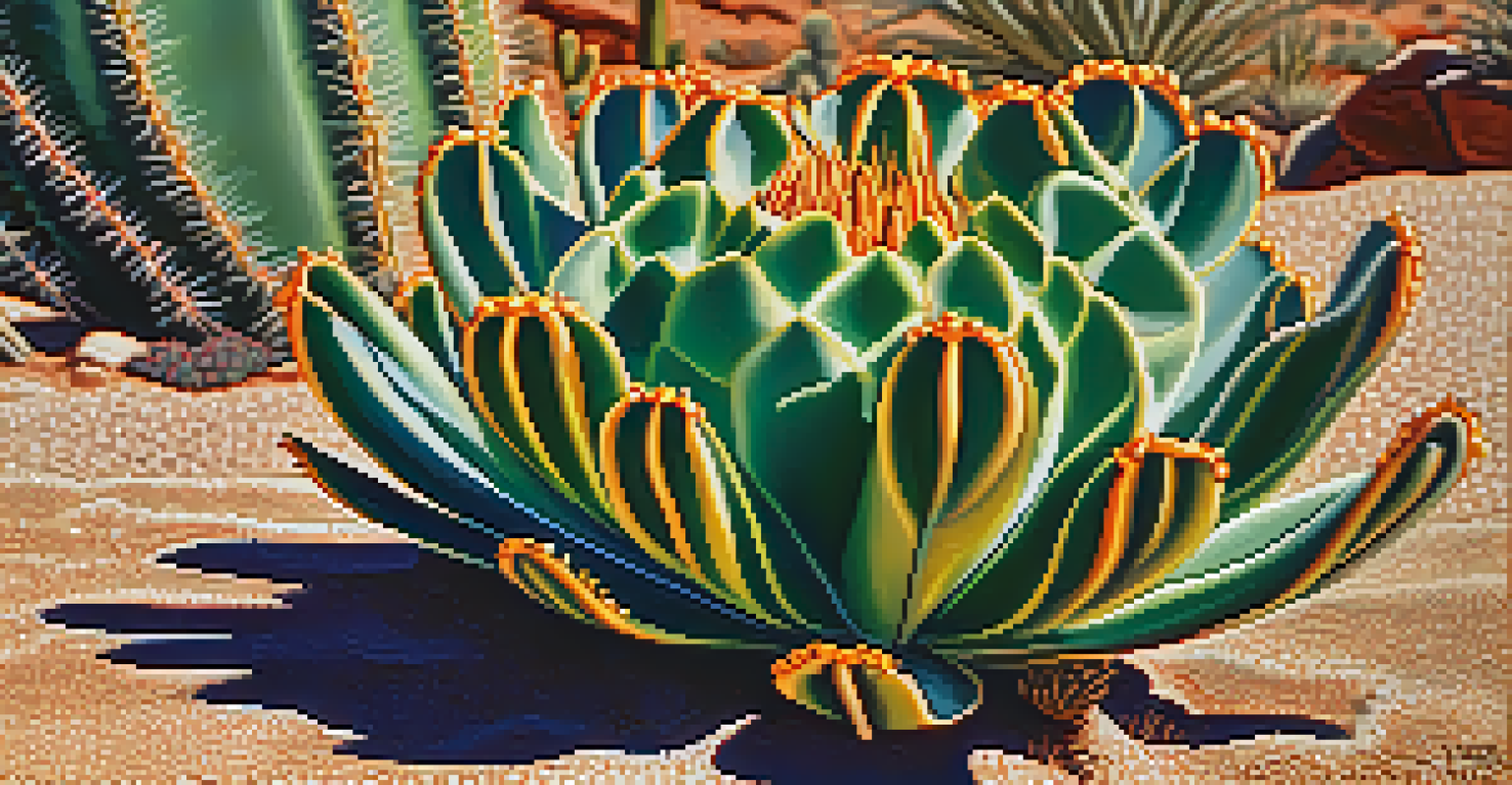 A detailed close-up of a peyote cactus with vibrant colors and patterns, surrounded by soft desert plants.