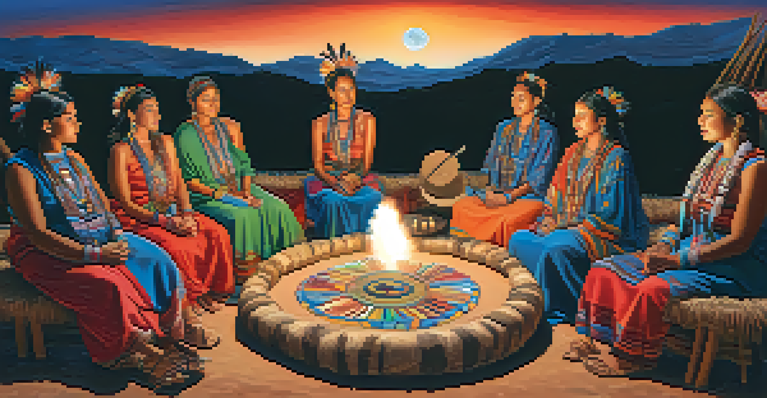Women sharing stories in a Peyote ceremony under a starry night sky, depicting community and healing.