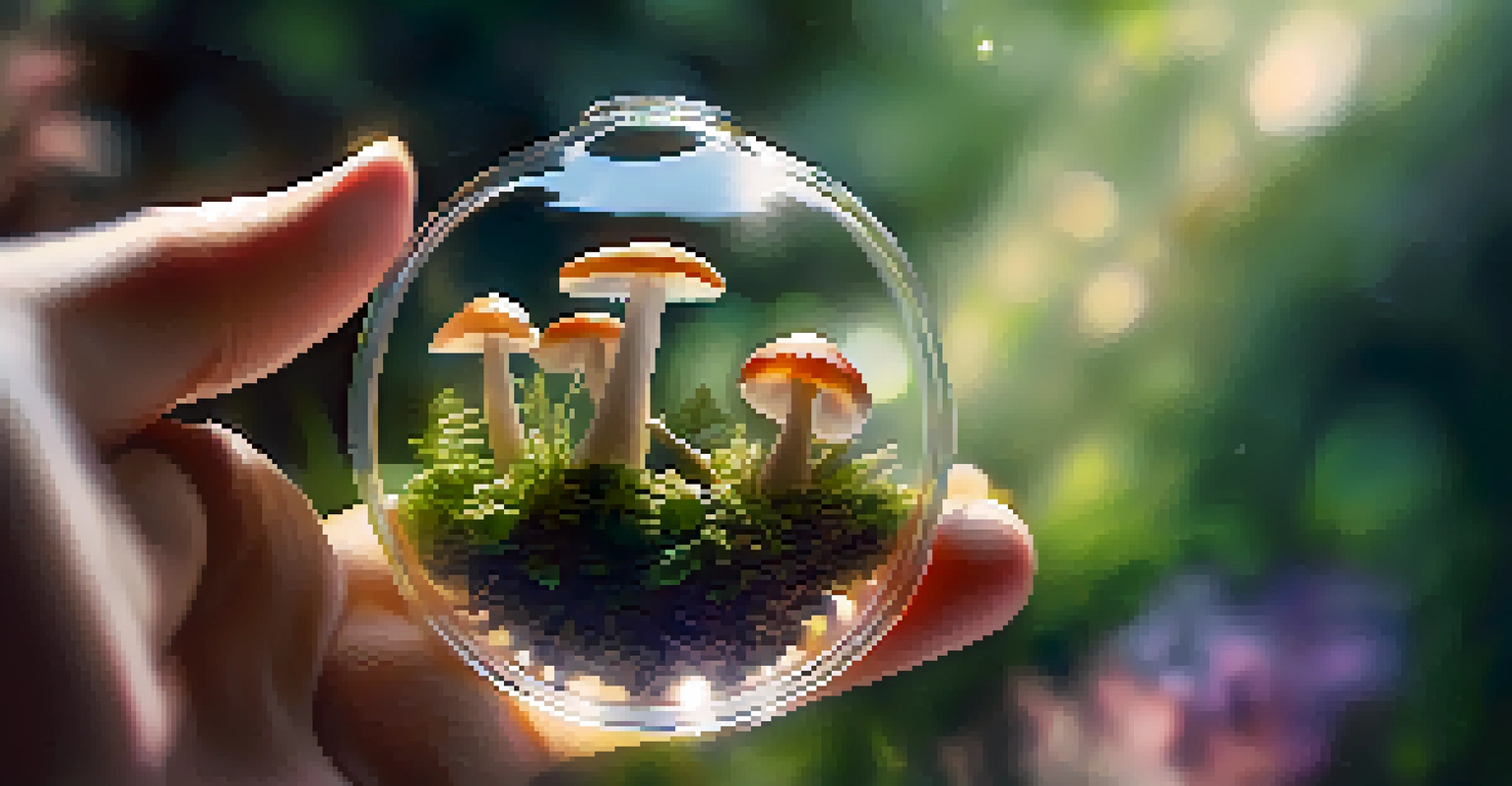 A close-up of a hand holding a glass vial with psilocybin mushrooms against a blurred green background.