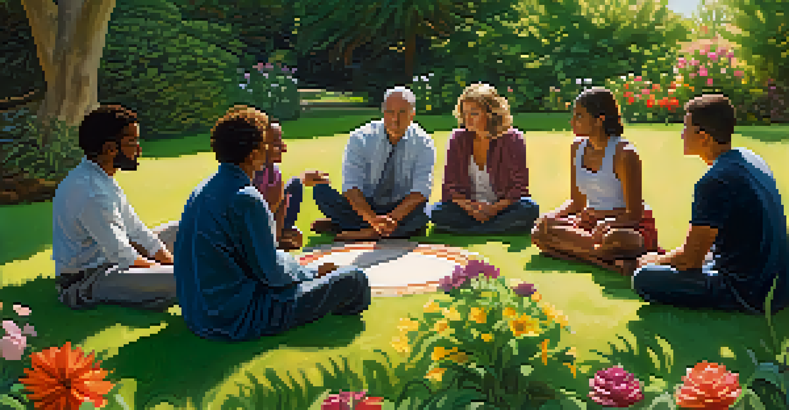 A diverse group of people sitting in a circle in a garden, engaged in a supportive discussion.