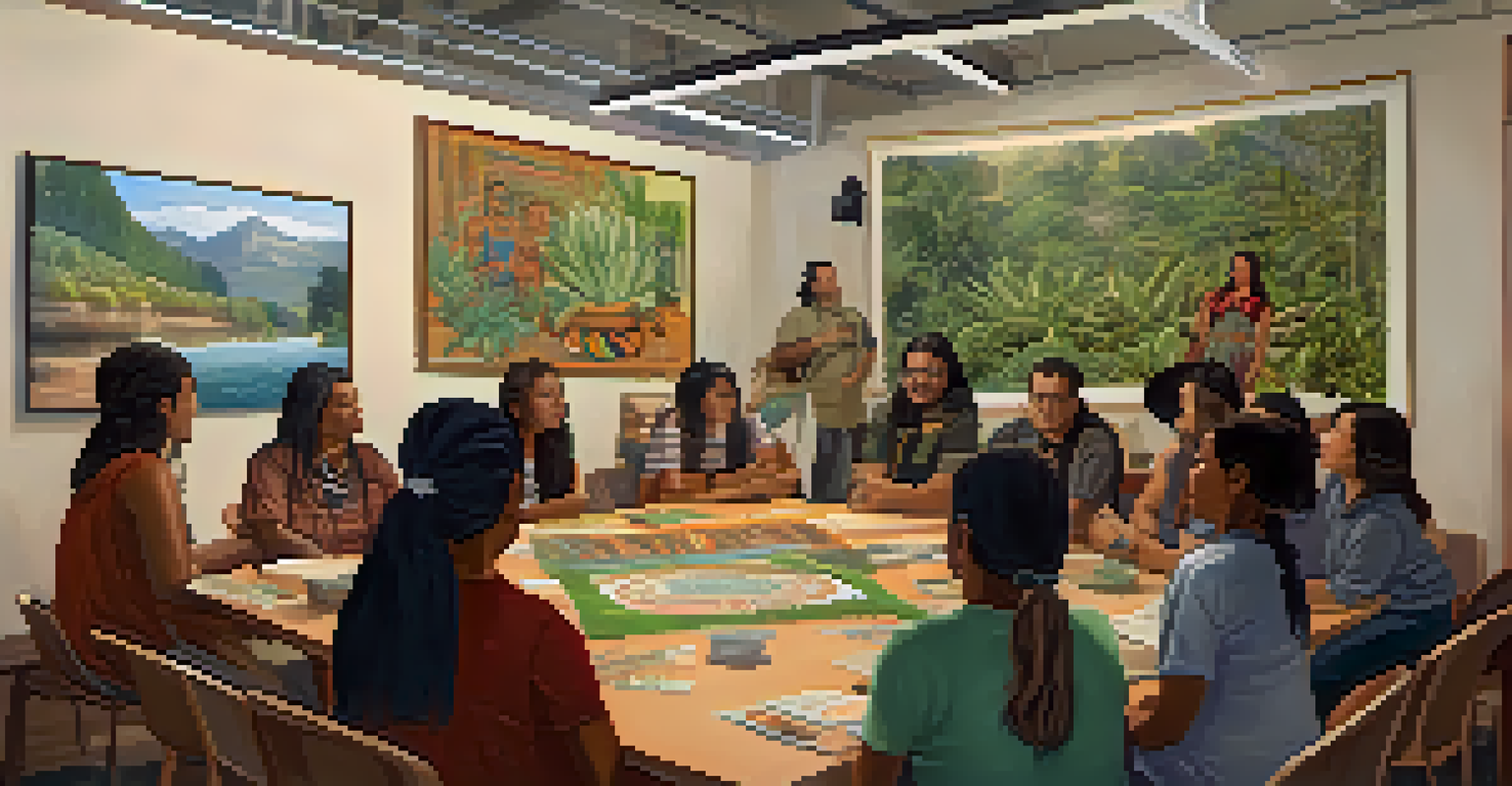 An educational workshop with Indigenous activists discussing peyote, surrounded by visual aids and a welcoming atmosphere filled with natural light.