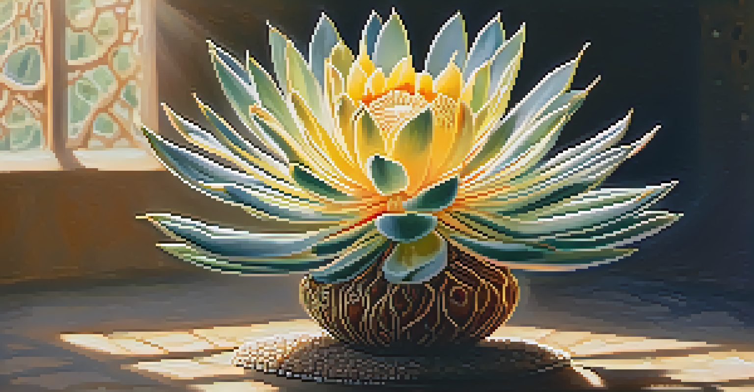 A detailed close-up of a peyote plant with light patterns in the background, highlighting its texture and colors.
