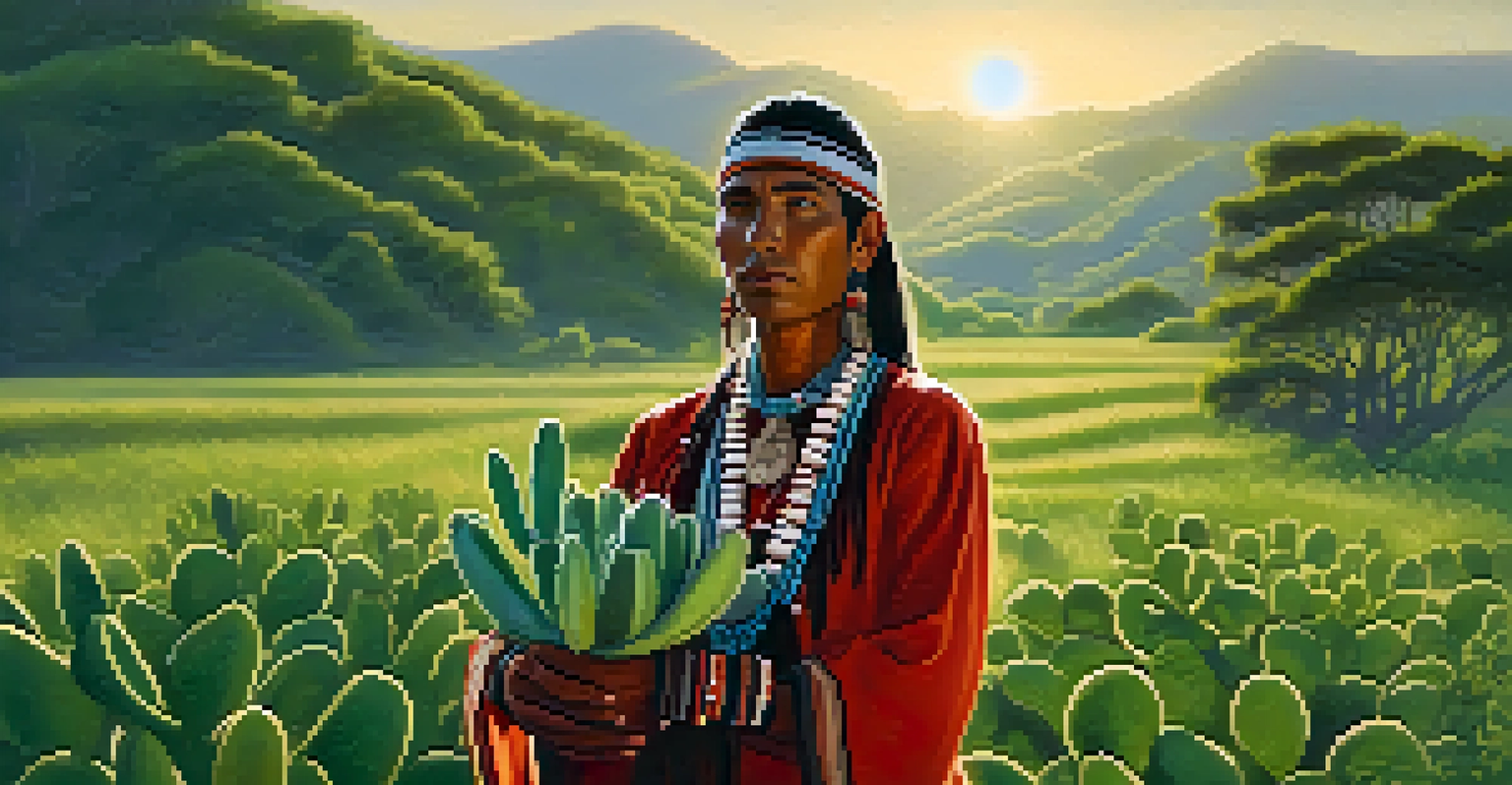An Indigenous person in traditional clothing holding a peyote cactus in a green field, surrounded by trees.