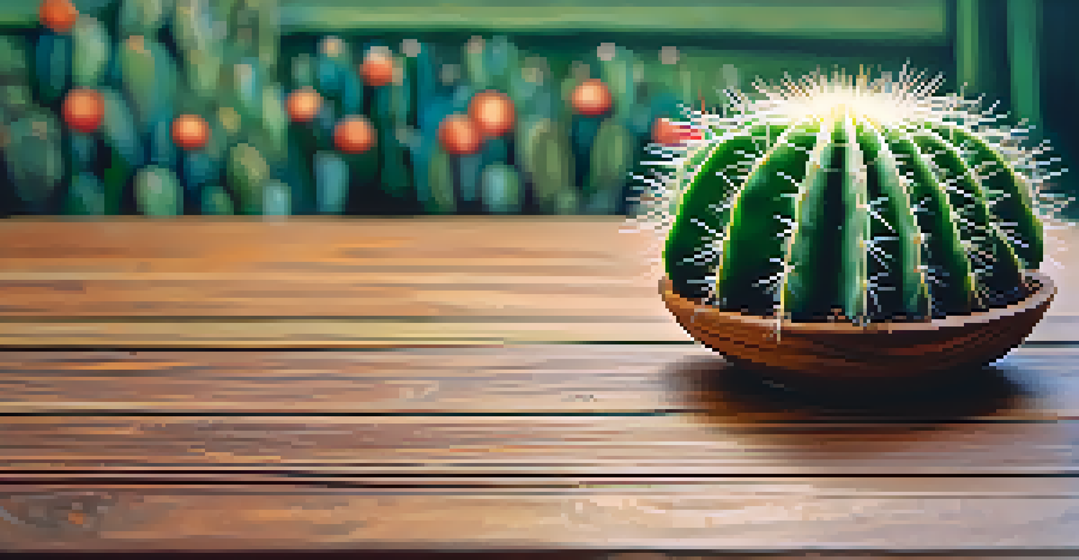 A detailed close-up of a peyote cactus on a wooden table, showcasing its intricate patterns and vibrant green color.