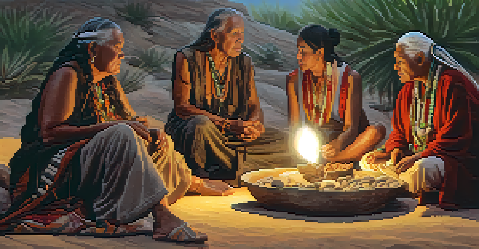 An elder in traditional attire sharing wisdom with younger community members during a peyote ceremony, surrounded by nature and warm lighting.