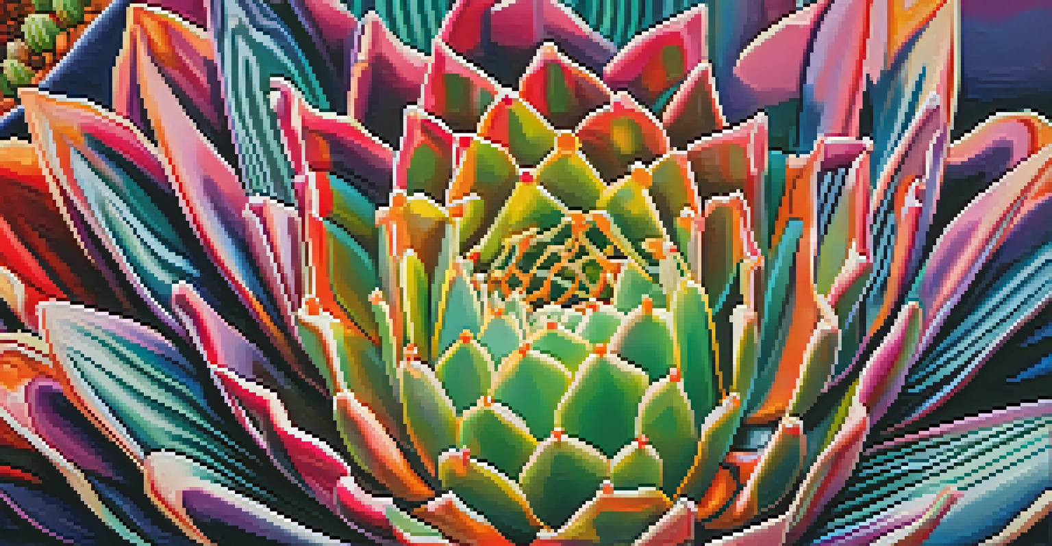 A detailed close-up of a peyote cactus with vibrant colors and abstract patterns surrounding it, illuminated by soft lighting.