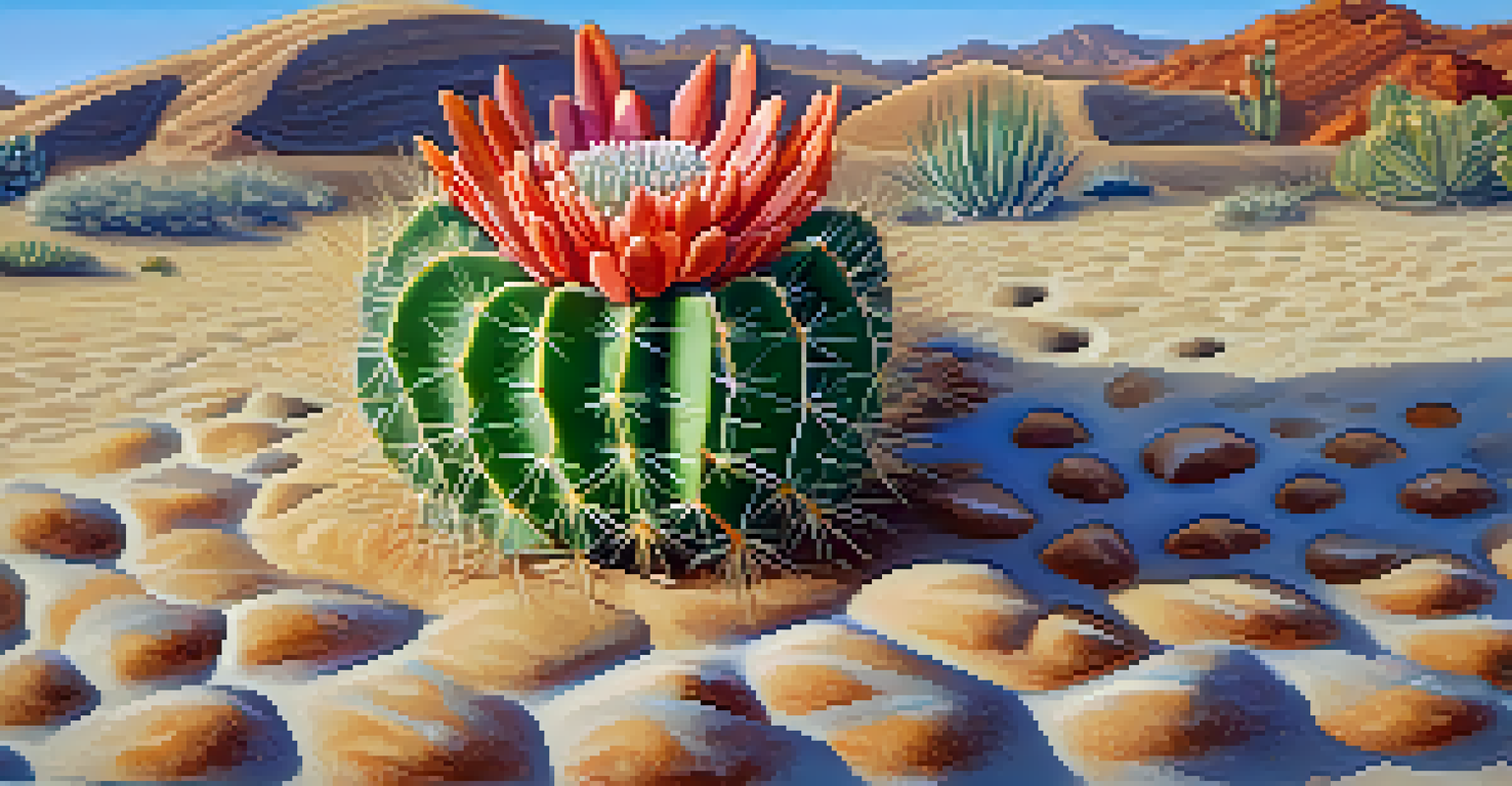 A detailed close-up of a peyote cactus with textures and dew drops, surrounded by sand and pebbles.