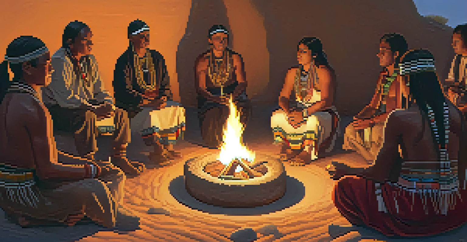A group of Indigenous individuals engaged in a peyote ceremony around a fire, showcasing warmth and unity.