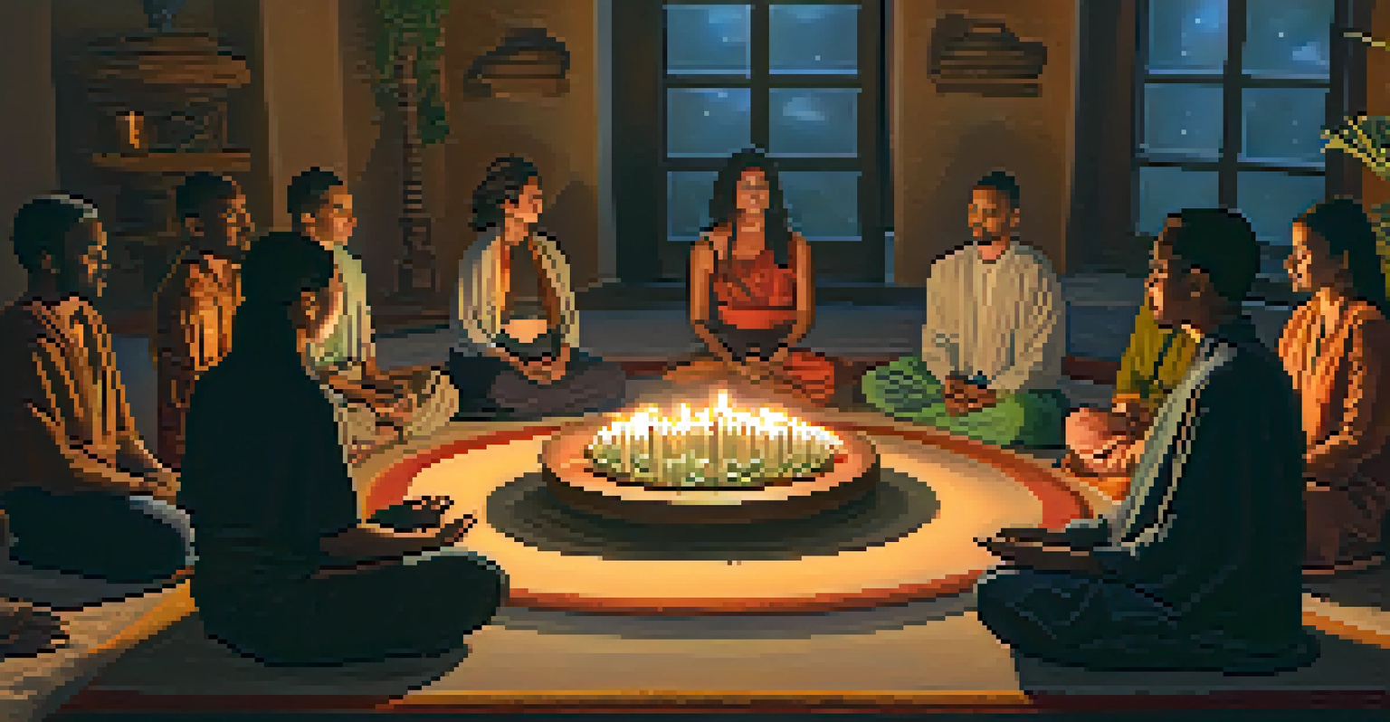 A group of people meditating in a circle around a peyote cactus, surrounded by candles and warm light.