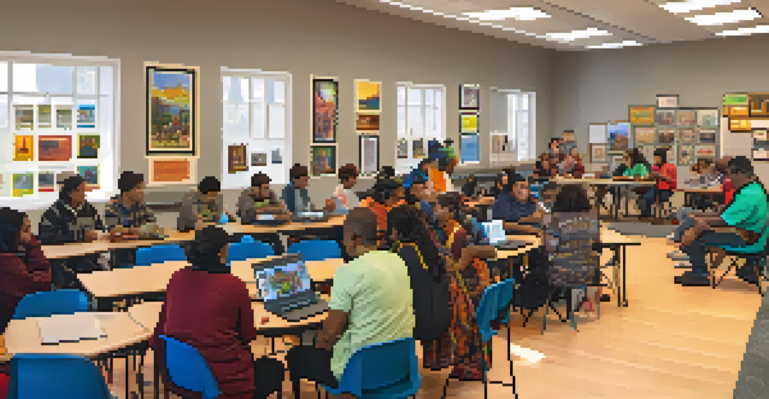 A digital storytelling workshop with elders and youth sharing and recording oral traditions in a community center.