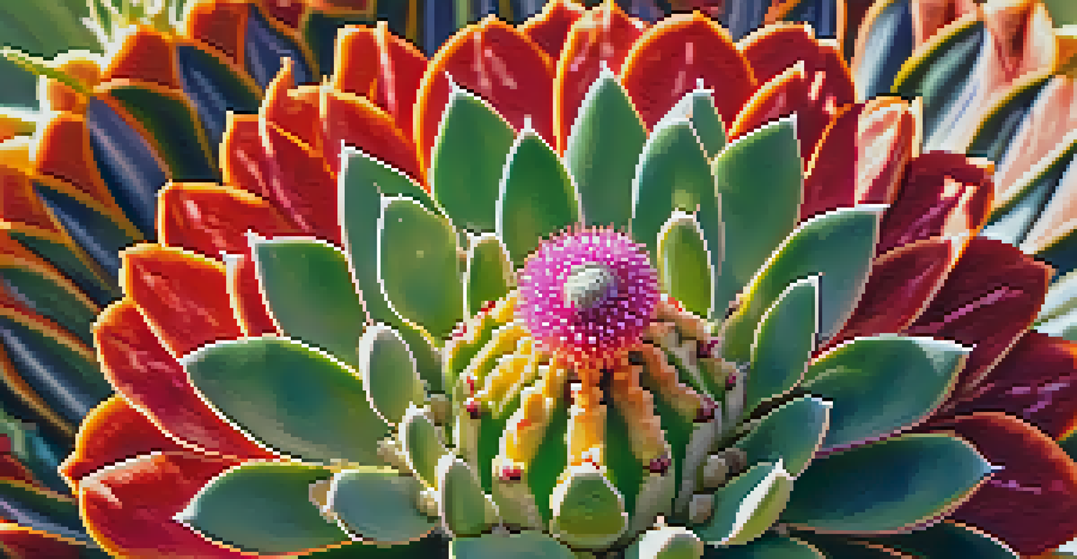 A close-up view of a peyote cactus with colorful flowers and detailed textures, softly blurred background.