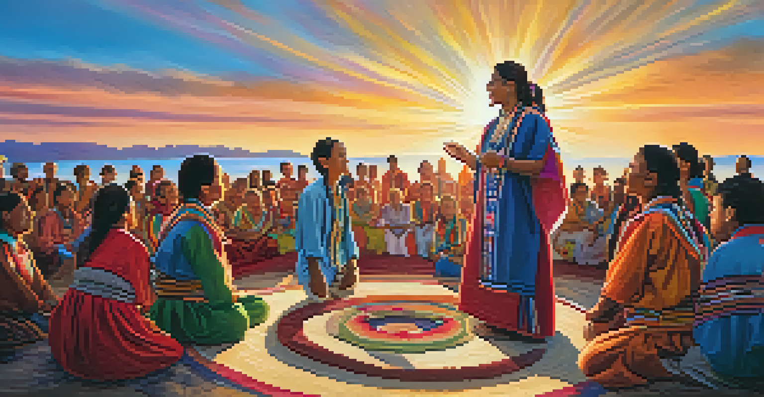 A group of people in colorful traditional garments singing together in a circle during a Peyote ceremony, with a sunset in the background.