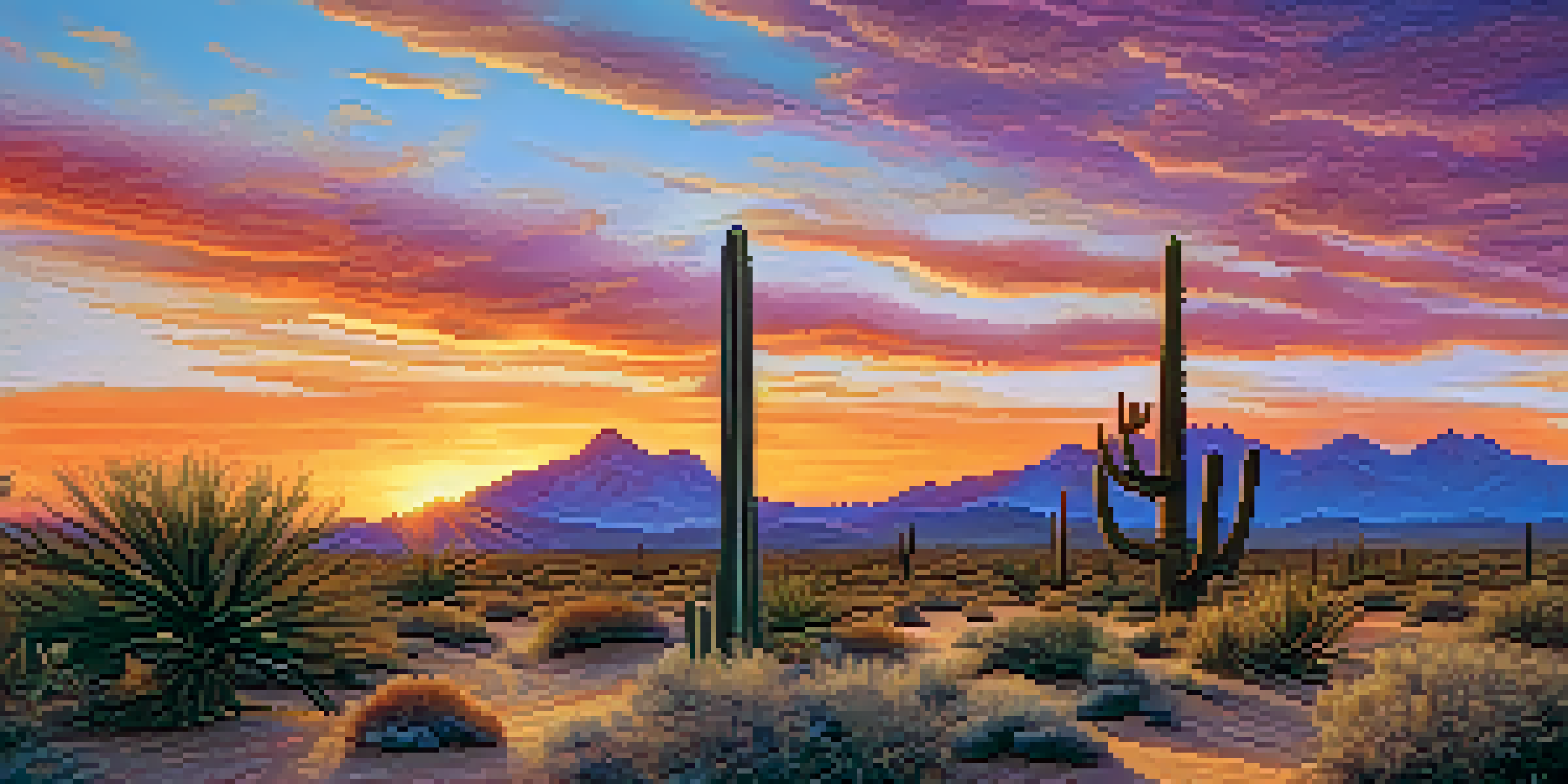A desert scene at sunset with a bright peyote cactus in the foreground, colorful sky, and distant mountains.