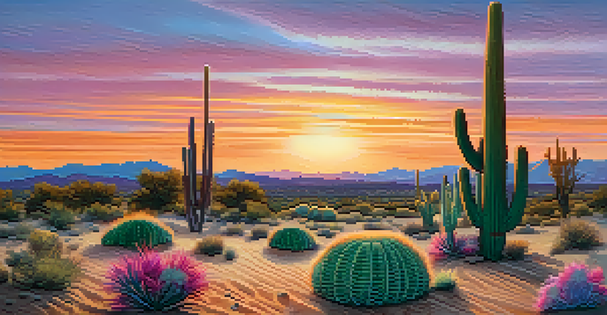 A tranquil desert scene with peyote cacti at sunset, showcasing vibrant sky colors and serene surroundings.