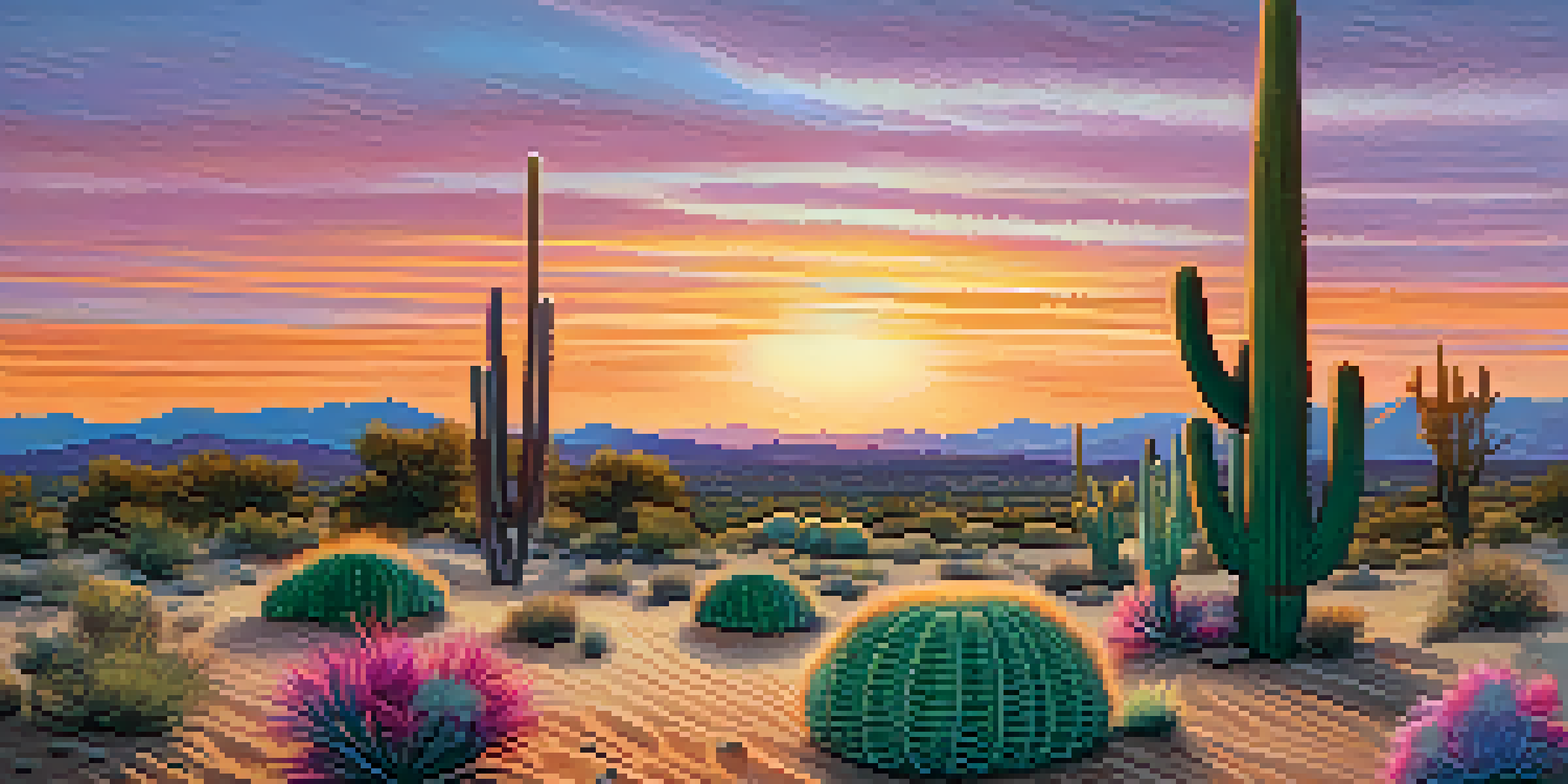 A tranquil desert scene with peyote cacti at sunset, showcasing vibrant sky colors and serene surroundings.