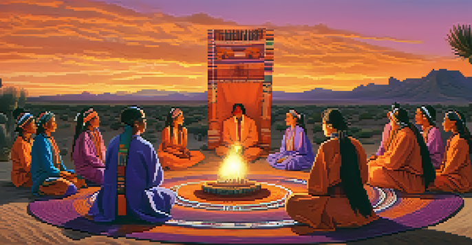 An Indigenous ceremony at sunset with participants in traditional attire sharing stories, surrounded by peyote cacti.