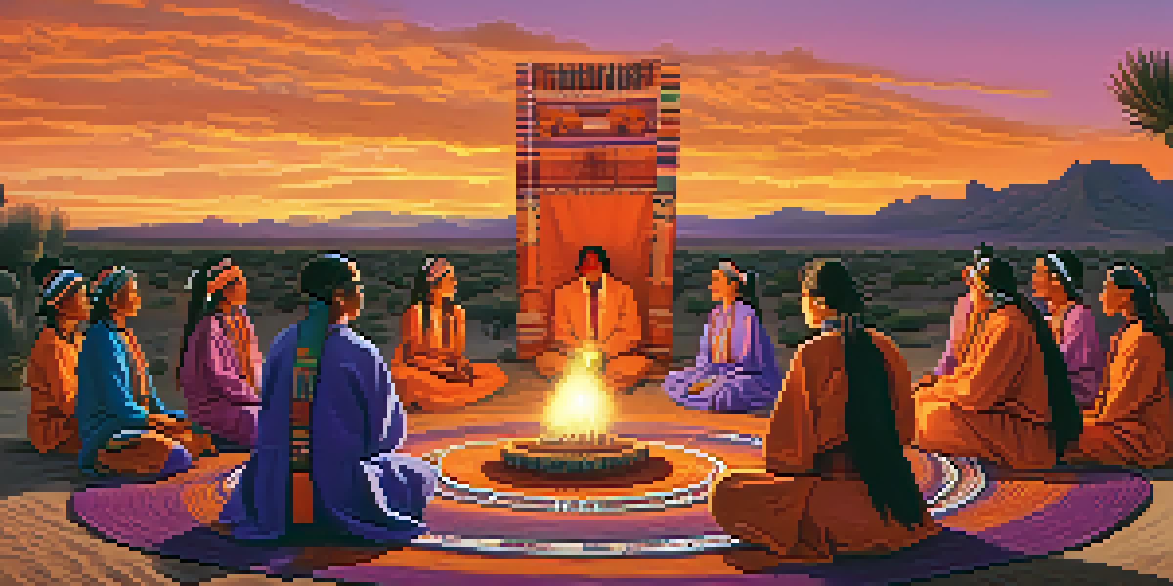 An Indigenous ceremony at sunset with participants in traditional attire sharing stories, surrounded by peyote cacti.