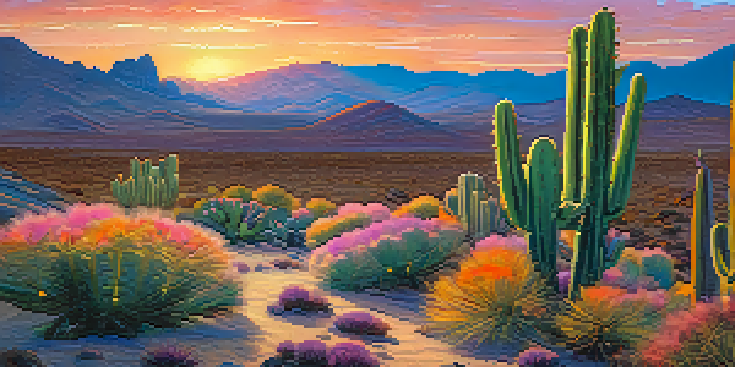 A desert landscape with peyote cacti at sunset, featuring vibrant sky colors and distant mountains.